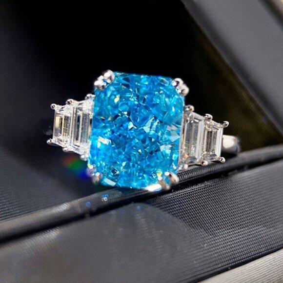 💞925 Silver Plated Iced Out CZ Blue Crystal Wedding Ring, MARR9449 - Picture 2 of 7